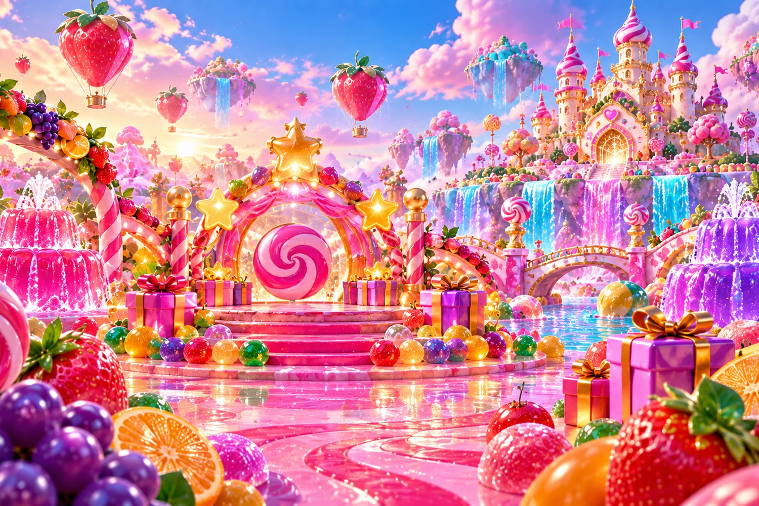 An illustrated candy kingdom filled with glossy sweets and juicy fruit