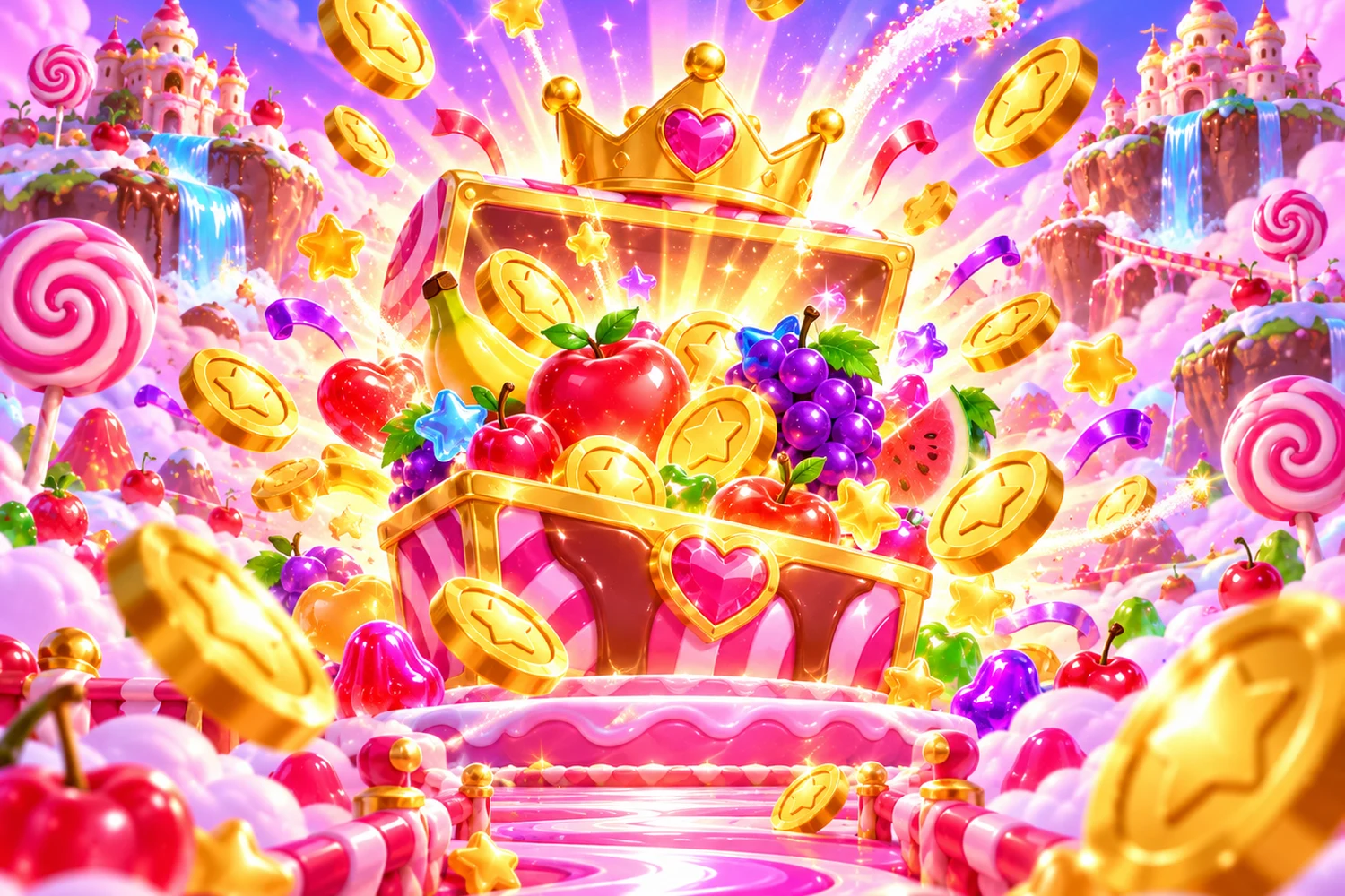 A bright confectionery landscape with fruit, gifts and sugar colours