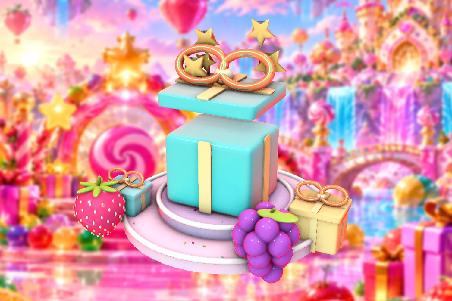 A dimensional candy celebration with wrapped presents and stars