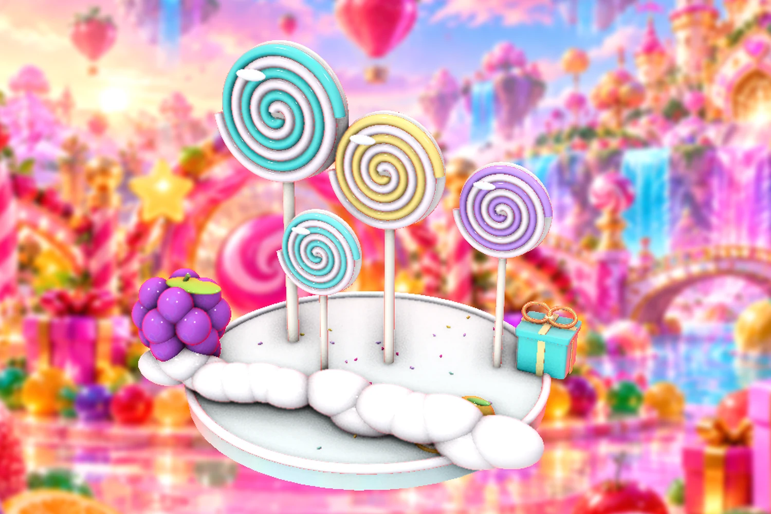 Glossy spiral lollipops, soft clouds and fruit sweets