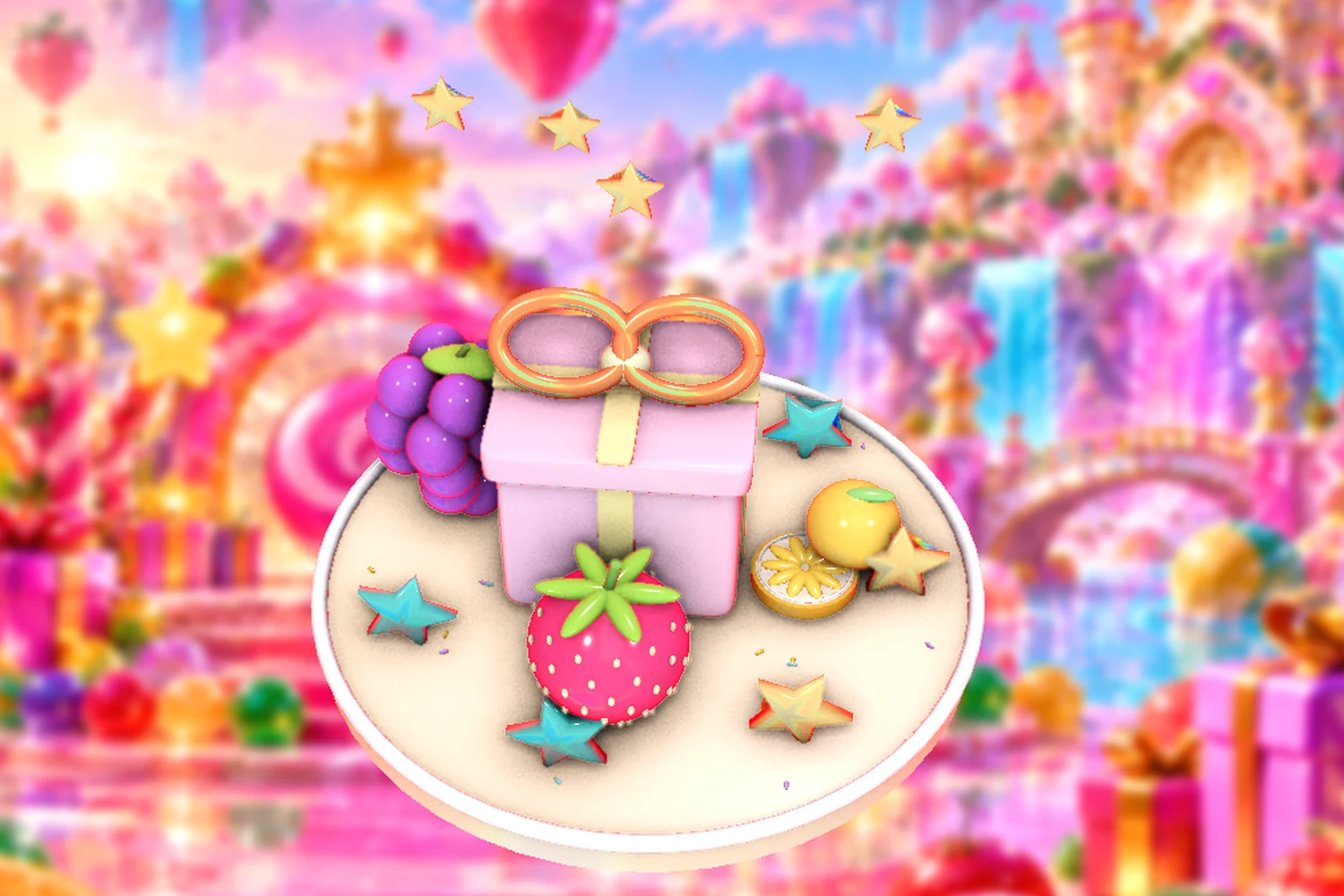 Fruit, bonbons and golden stars around a celebration display